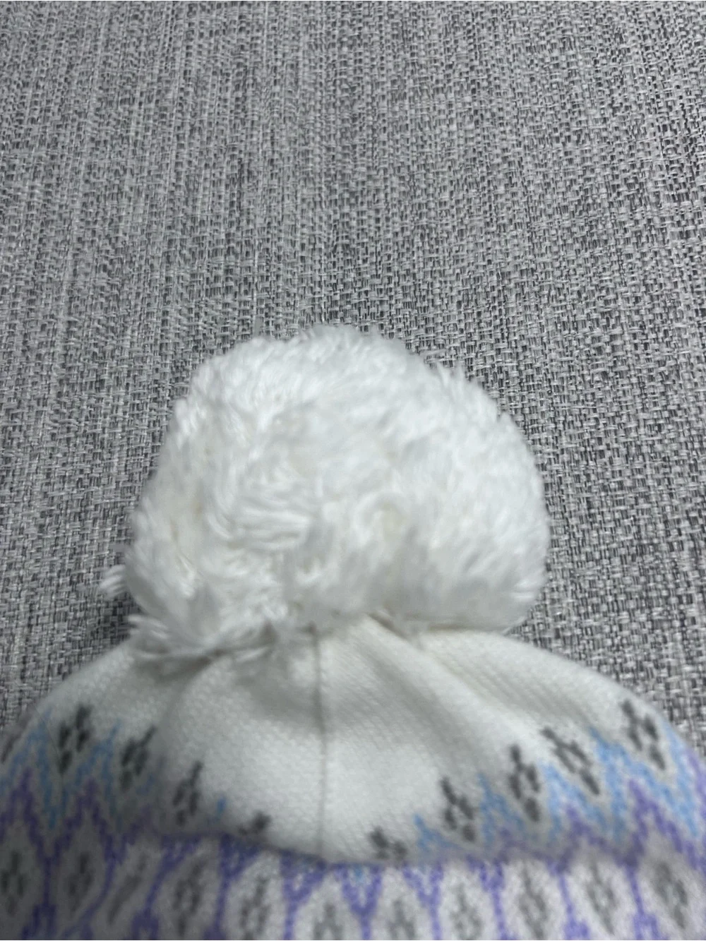Janie and Jack White Knit Pom Beanie with Purple and Blue Fair Isle. Size 0-3M